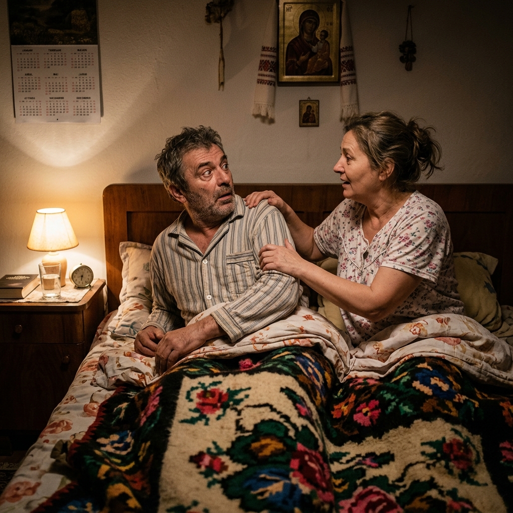 Soţul şi soţia în pat. Soţul, prin somn, încearcă să o sărute